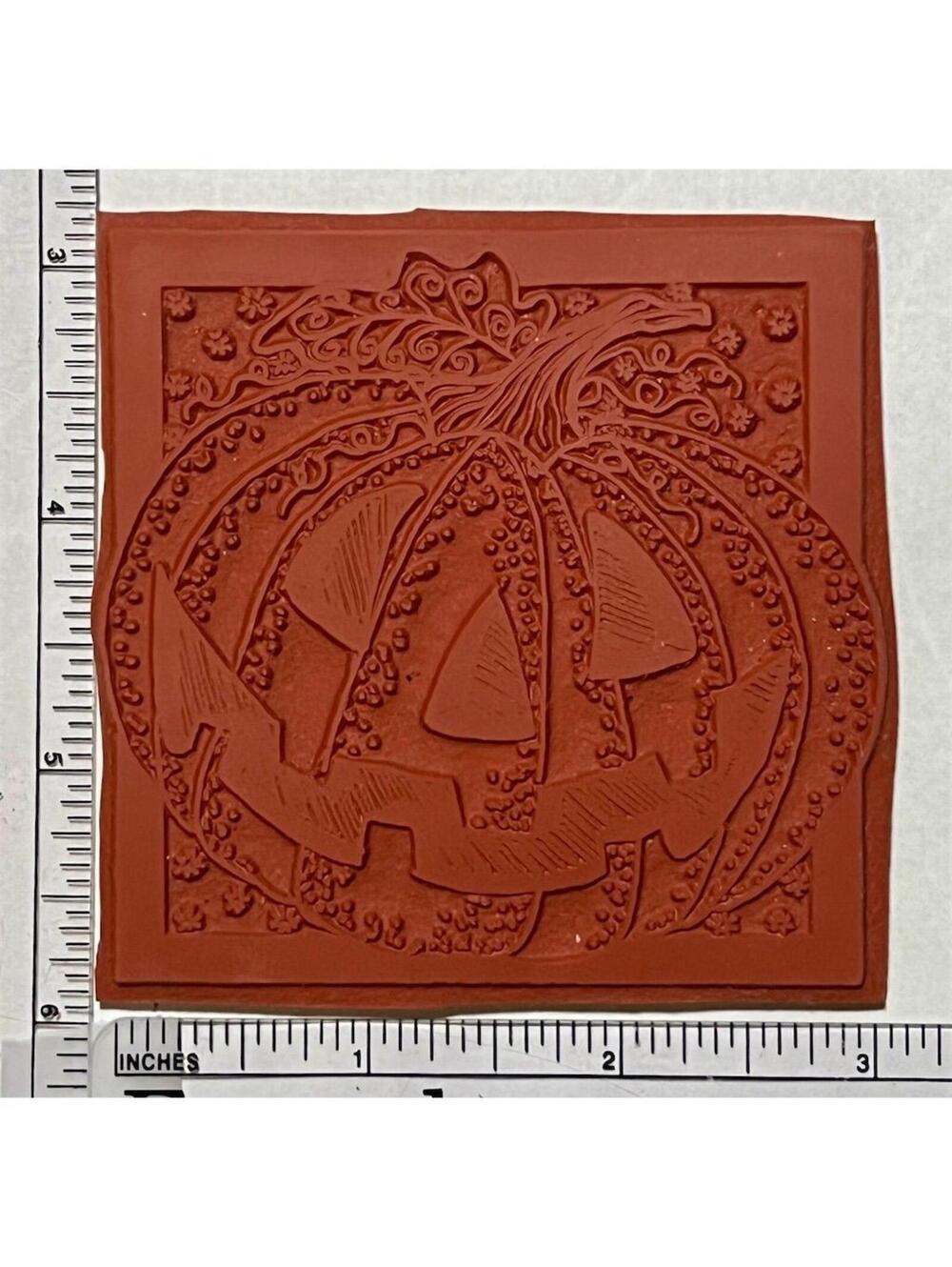 Halloween Pumpkin Jack O Lantern Rubber Stamp Ornate Square Unmounted 3 Inch